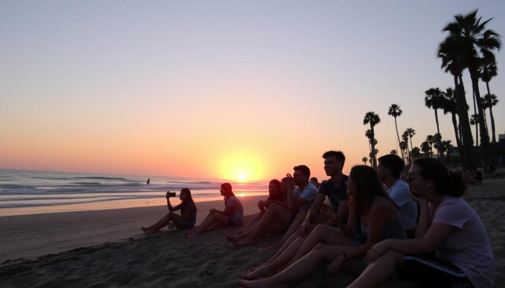 Grupo de adolescentes disfrutando de la puesta de sol en la playa de San Diego